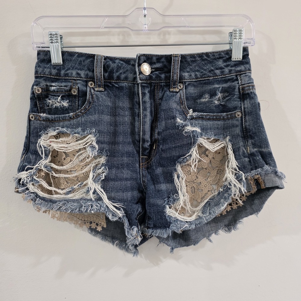 American Eagle Hi Rise Festival Womens Denim Shorts Size 0 Lace Pockets Jeans